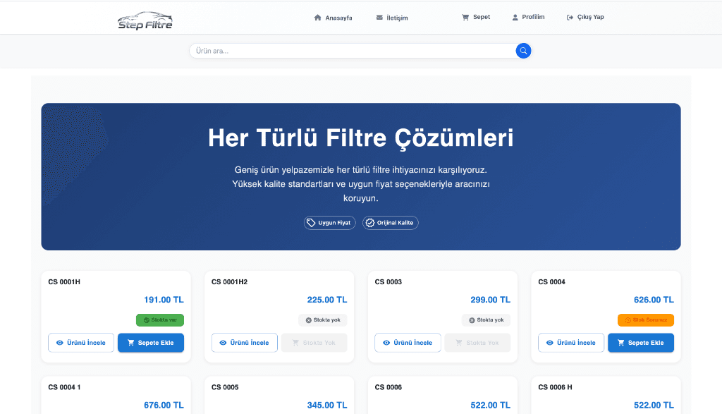 Step Filtre B2B E-Ticaret Platformu